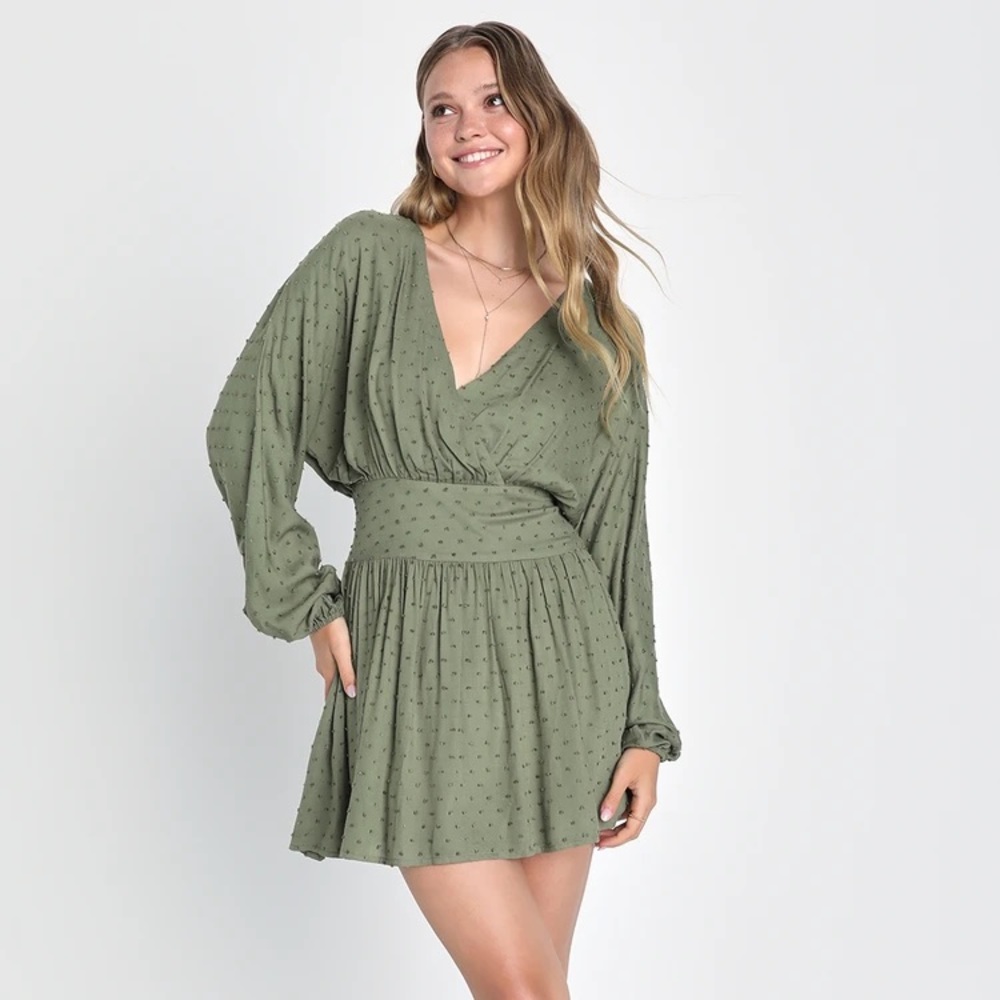 Lulu’s New Olive Green Dress Long Sleeve Flowy Mini Swiss Dot Wedding Winter